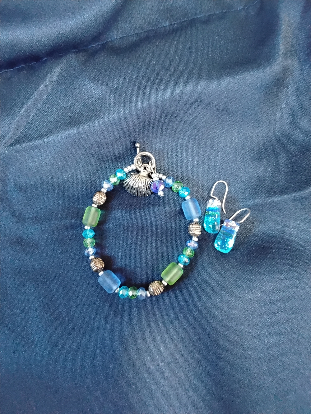 Handmade Blue & Green Beaded Bracelet with Shell Charm